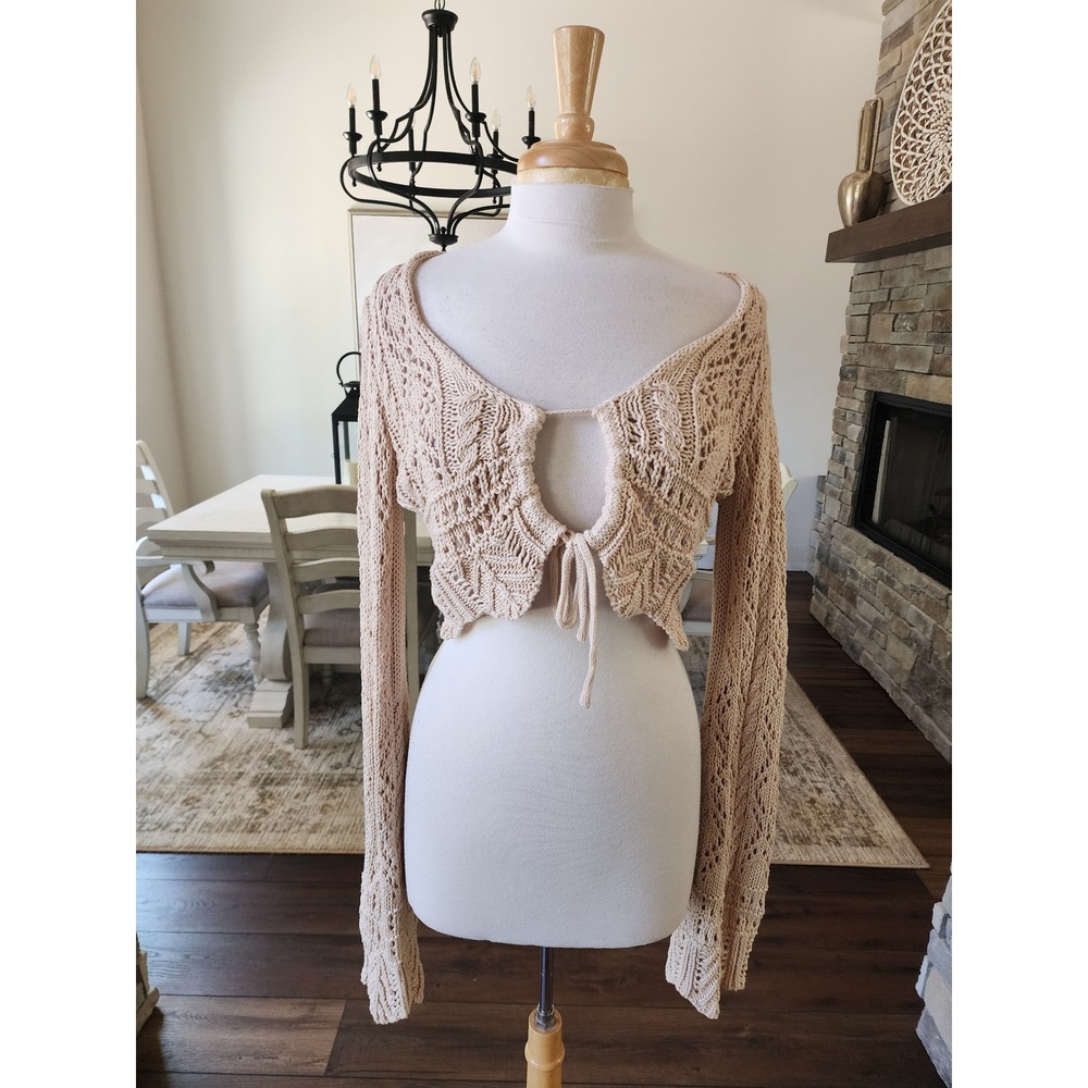 Beige Cotton Pointelle Cable Knit Cropped Tie Front Cardigan Medium